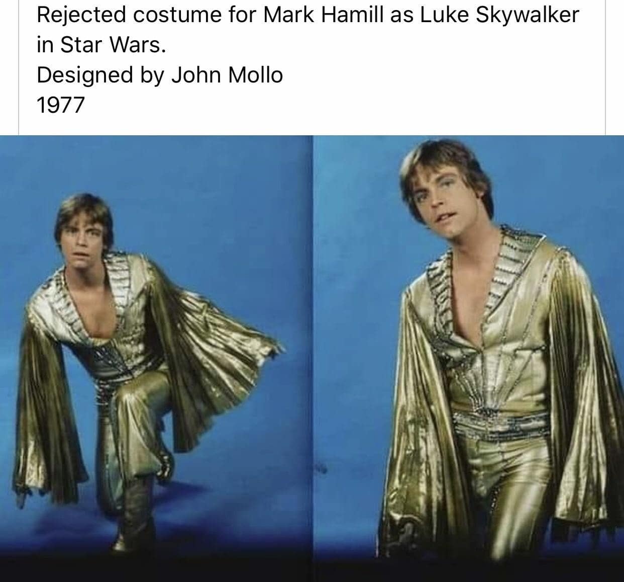 Rejected costume for Mark Hamill as Luke Skywalker in Star Wars. Designed by John Mollo 1977