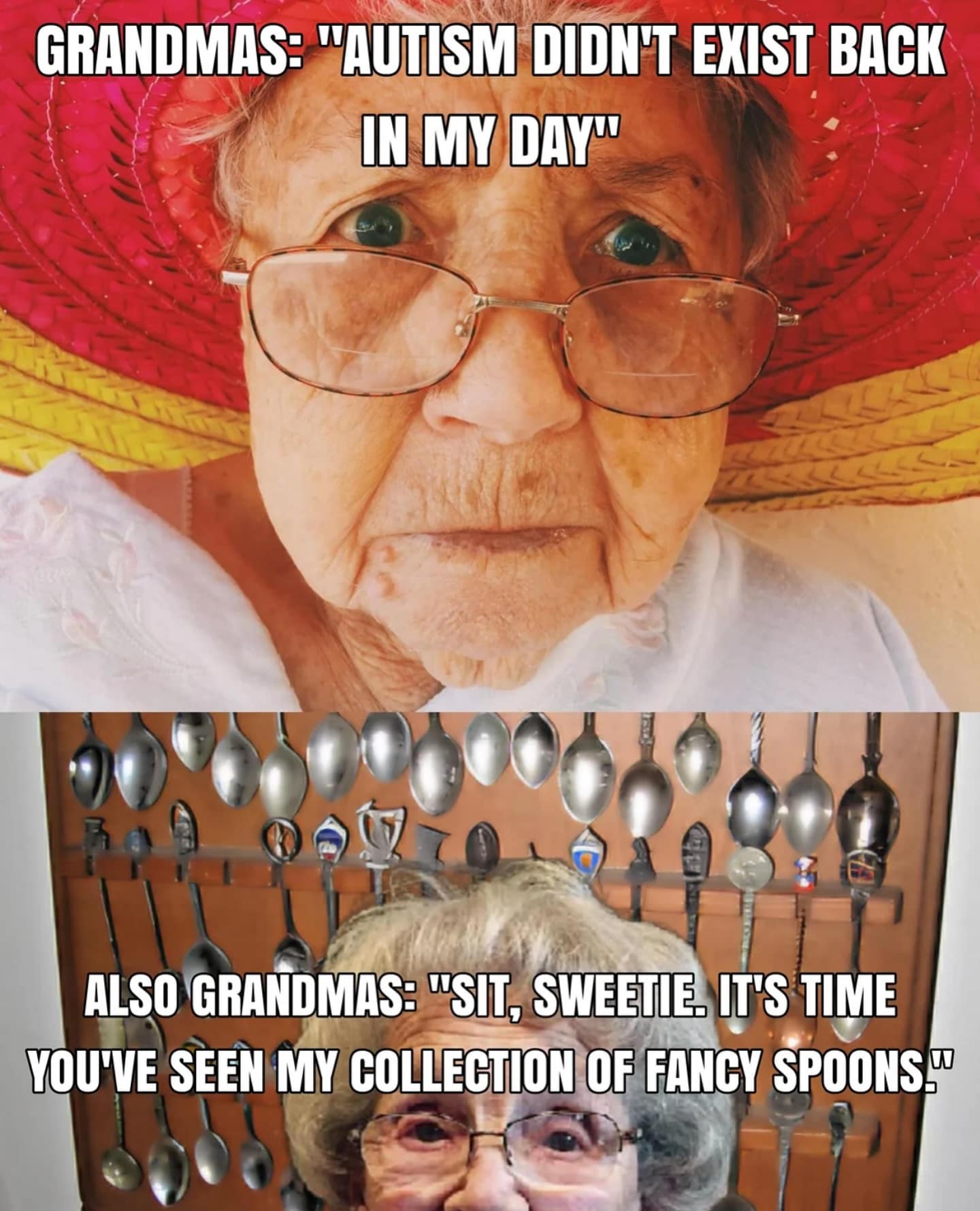 GRANDMAS: "AUTISM DIDN'T EXIST BACK IN MY DAY" ALSO GRANDMAS: "SIT, SWEETIE, IT'S TIME YOU'VE SEEN MY COLLECTION OF FANCY SPOONS.