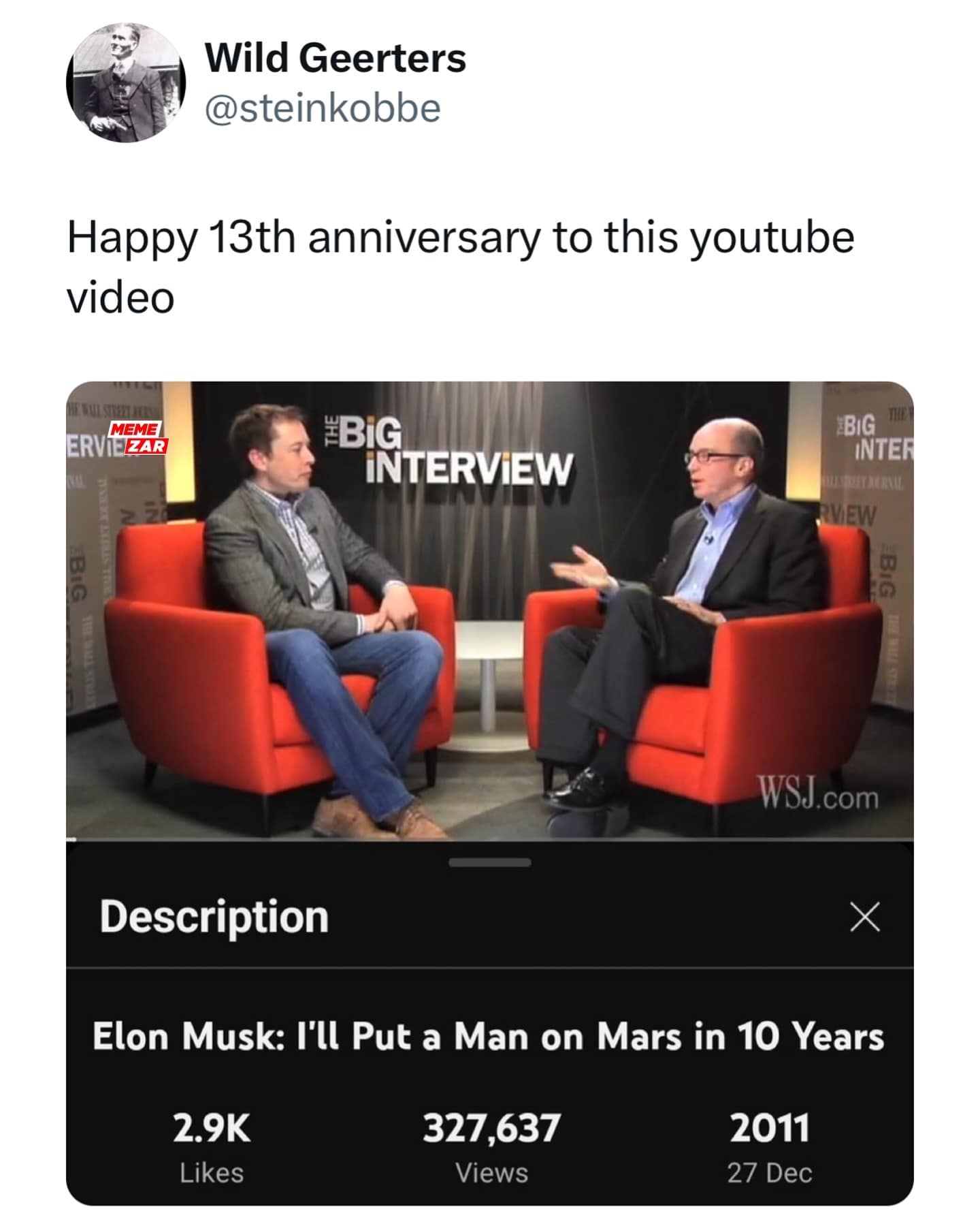 Happy 13th anniversary to this YouTube video. Elon Musk: I'll Put a Man on Mars in 10 Years