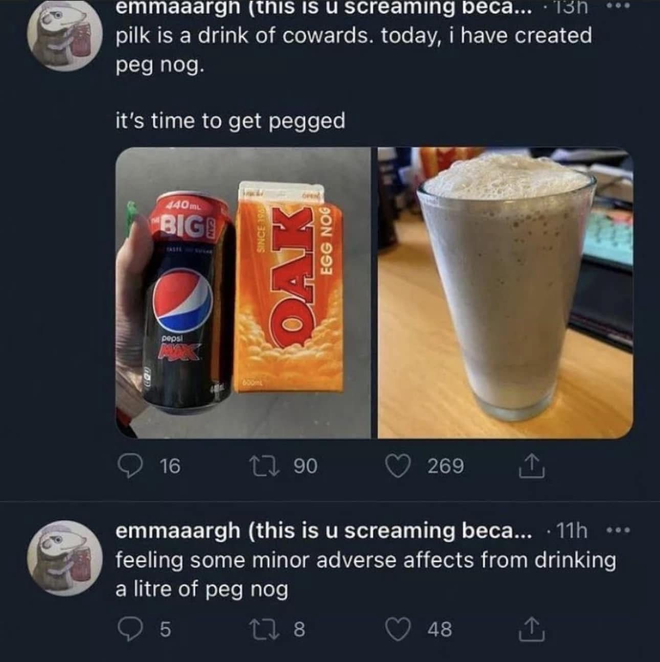 feeling some minor adverse affects from drinking a litre of peg nog