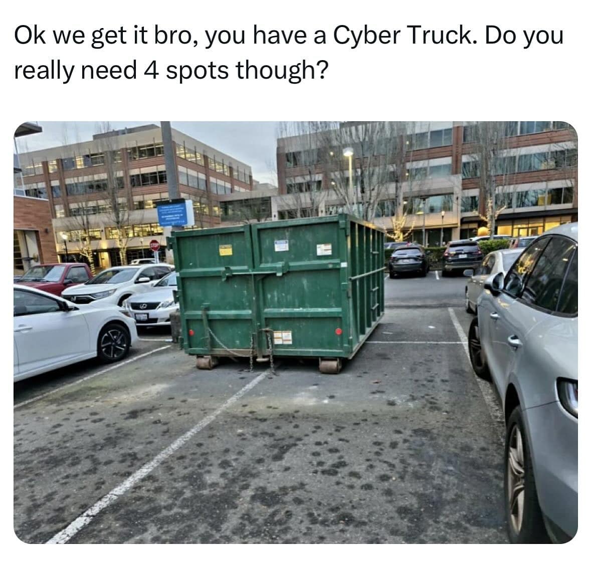 Ok we get it bro, you have a Cyber Truck. Do you really need 4 spots though?