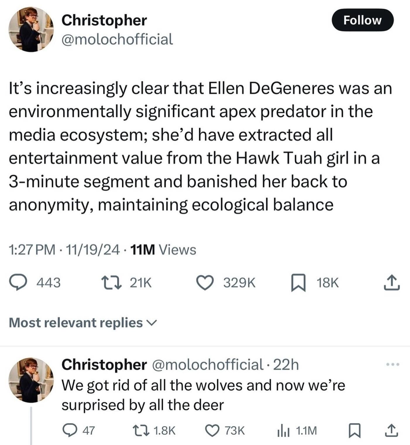 It's increasingly clear that Ellen DeGeneres was an environmentally significant apex predator in the media ecosystem; she'd have extracted all entertainment value from the Hawk Tuah girl in a 3-minute segment and banished her back to anonymity, maintaining ecological balance