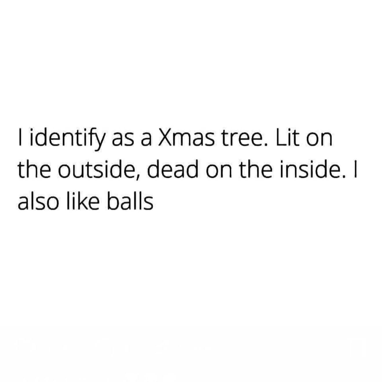 l identify as a Xmas tree. Lit on the outside, dead on the inside. I also like balls