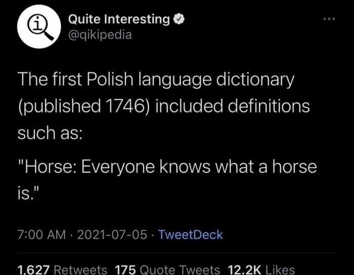 Quite Interesting • @qikipedia The first Polish language dictionary (published 1746) included definitions such as: "Horse: Everyone knows what a horse is." 7:00 AM • 2021-07-05 • TweetDeck 1.627 Retweets 175 Quote Tweets 12.2K Likes