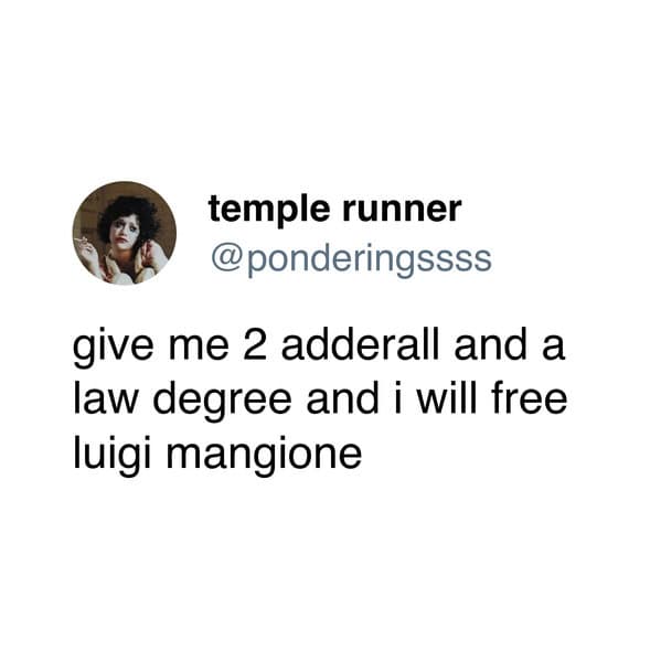 temple runner @ponderingssss give me 2 adderall and a law degree and i will free luigi mangione