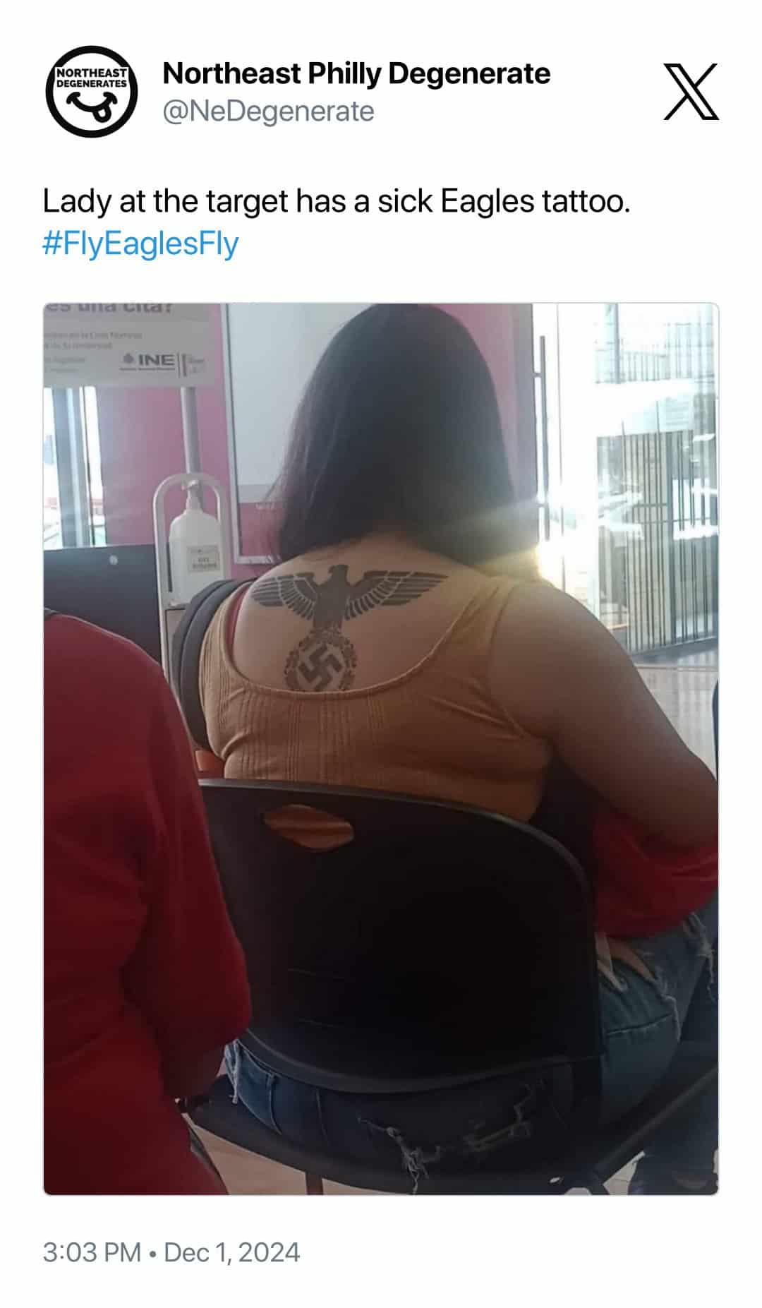 Lady at the target has a sick Eagles tattoo.