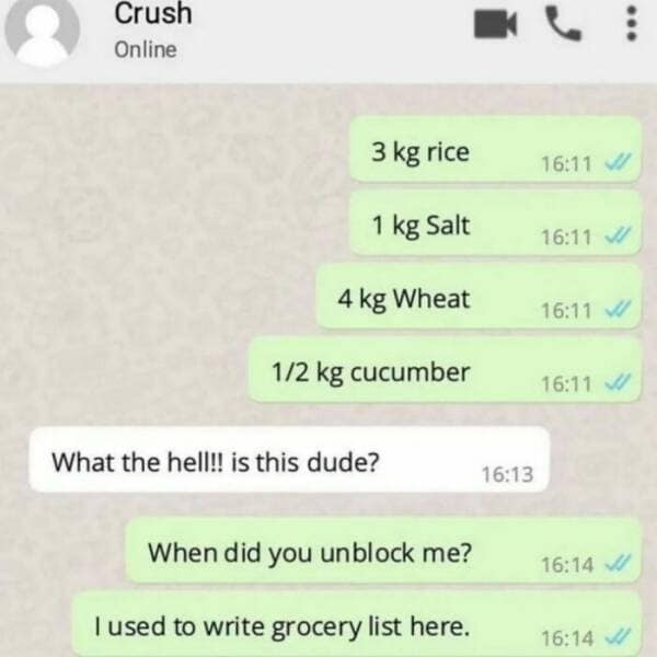 Crush Online 3 kg rice 1 kg Salt 4 kg Wheat 1/2 kg cucumber 16:11 16:11 J/ 16:11 V 16:11 What the hell!! is this dude? 16:13 When did you unblock me? I used to write grocery list here. 16:14 M 16:14 J/