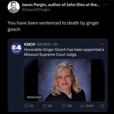 Jason Pargin, author of John Dies at the... @JasonKPargin You have been sentenced to death by ginger gooch NEWS KMOV @KMOV -3h Honorable Ginger Gooch has been appointed a Missouri Supreme Court Judge. kmov.com 20 t7.99 © 182 all 29.6K