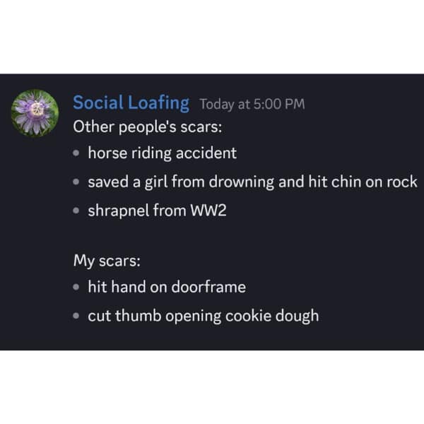 Social Loafing Today at 5:00 PM Other people's scars: • horse riding accident • saved a girl from drowning and hit chin on rock • shrapnel from WW2 My scars: • hit hand on doorframe • cut thumb opening cookie dough