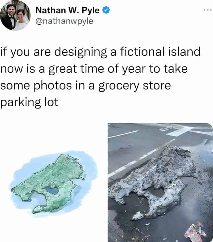 if you are designing a fictional island now is a great time of year to take some photos in a grocery store parking lot