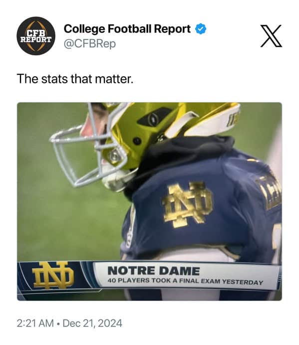 The stats that matter. X TIND NOTRE DAME 40 PLAYERS TOOK A FINAL EXAM YESTERDAY