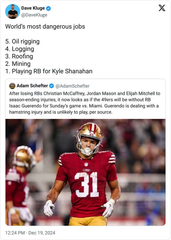 World's most dangerous jobs 5. Oil rigging 4. Logging 3. Roofing 2. Mining 1. Playing RB for Kyle Shanahan