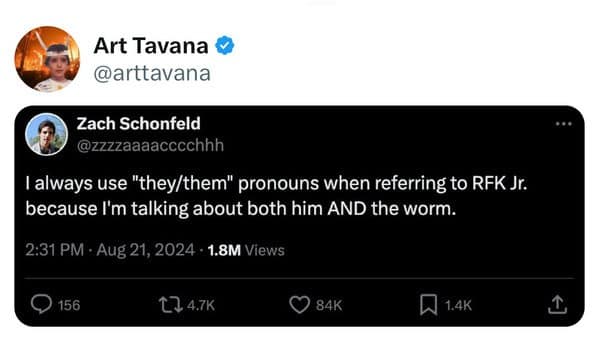 I always use "they/them" pronouns when referring to RFK Jr. because I'm talking about both him AND the worm.
