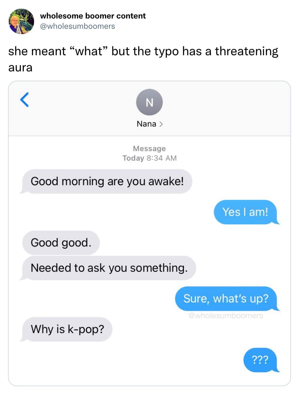 Good morning are you awake! Yes I am! Good good. Needed to ask you something. Sure, what's up? @wholesumboomers Why is k-pop?