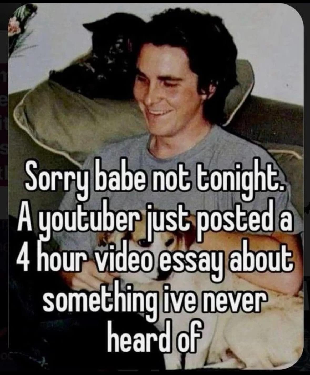 Sorry babe not tonight. A youtuber just posted a 4 hour video essay about something ive never heard of