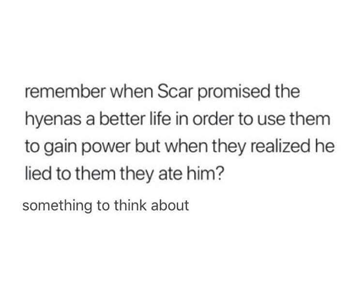 remember when Scar promised the hyenas a better life in order to use them to gain power but when they realized he lied to them they ate him? something to think about