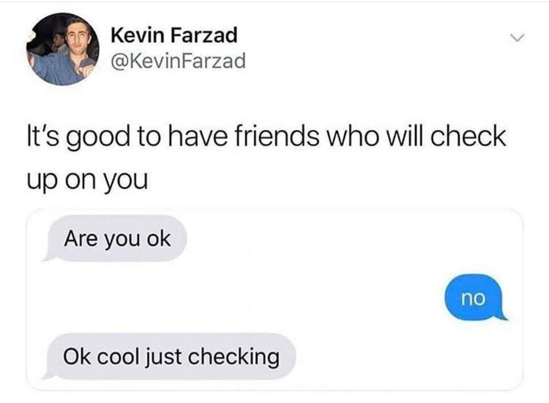 Kevin Farzad @KevinFarzad It's good to have friends who will check up on you Are you ok no Ok cool just checking