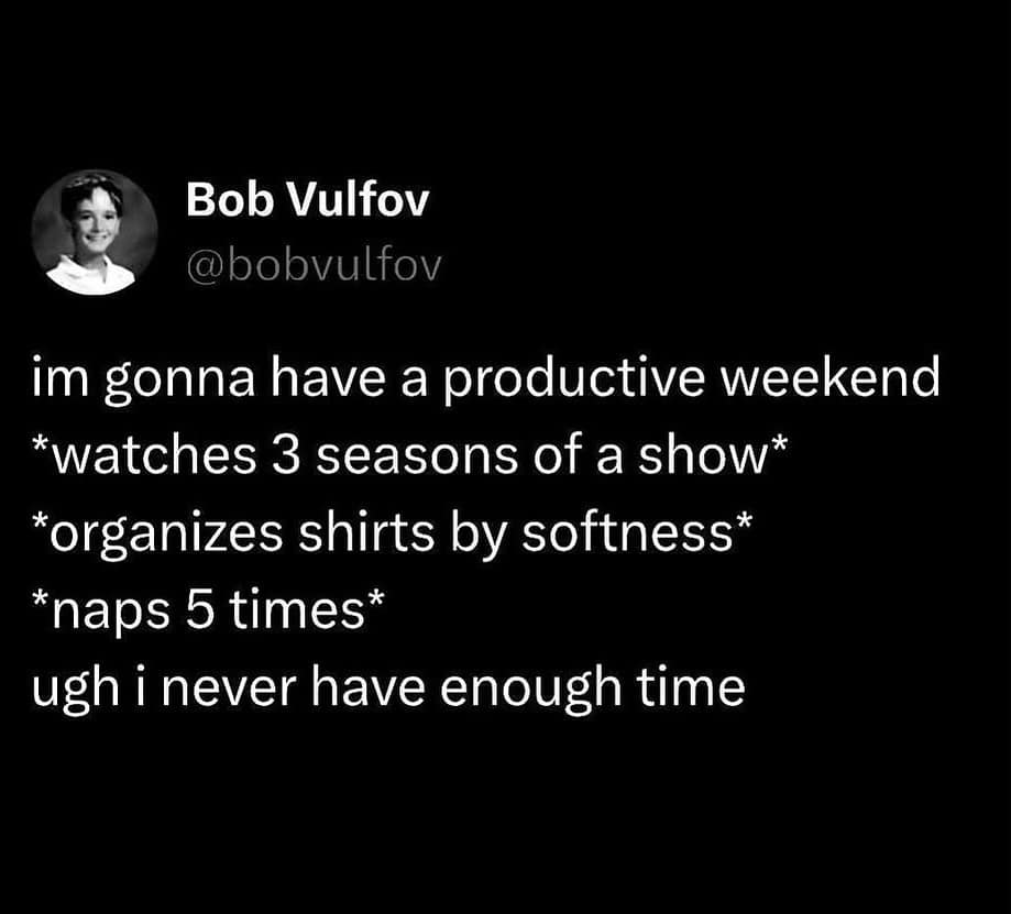 im gonna have a productive weekend *watches 3 seasons of a show* *organizes shirts by softness* *naps 5 times* ugh i never have enough time