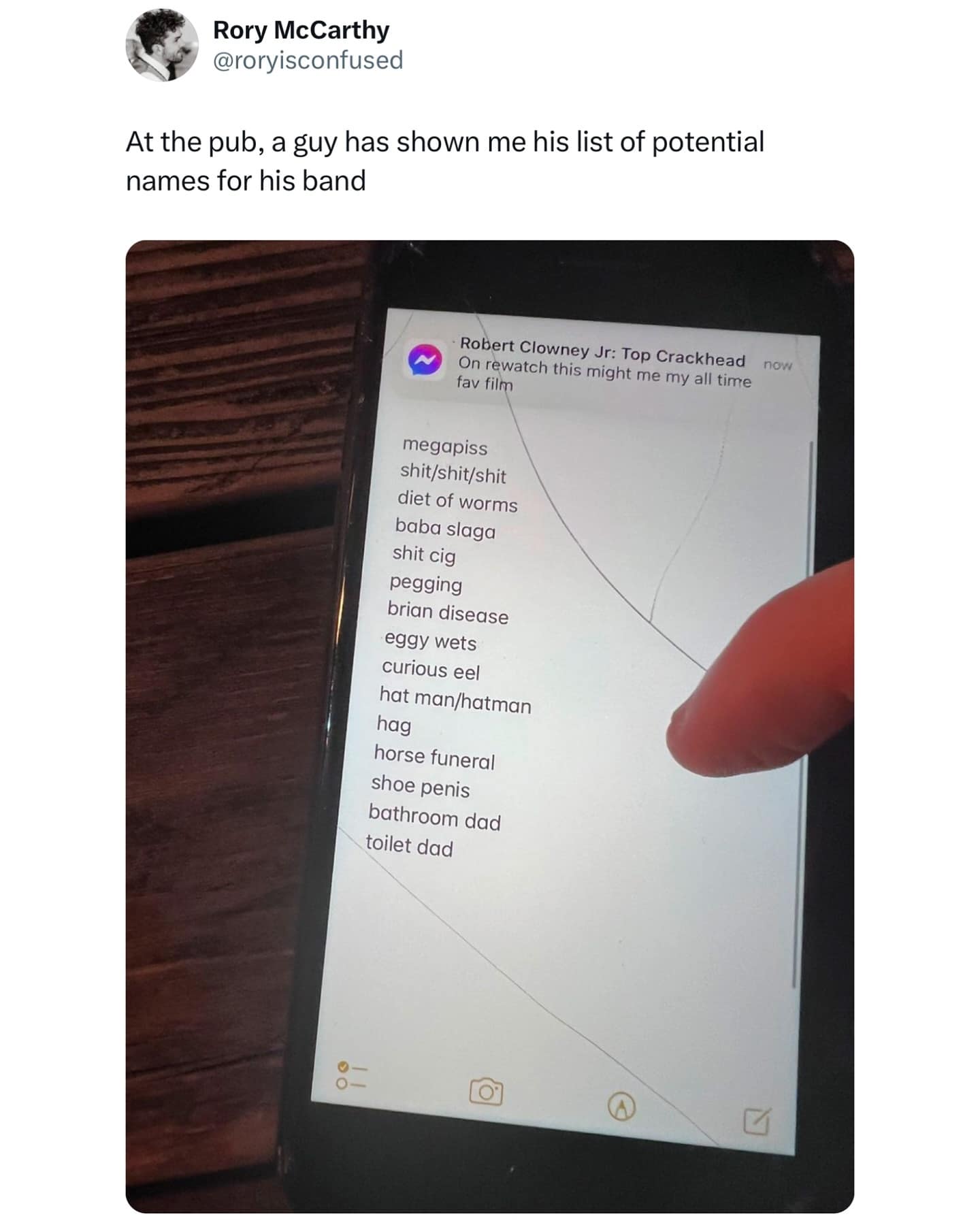 At the pub, a guy has shown me his list of potential names for his band