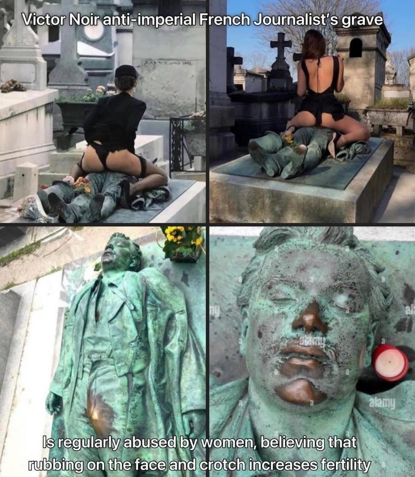 Victor Noir anti-imperial French Journalist's grave alamy Is regularly abused by women, believing that rubbing on the face and crotch increases fertility