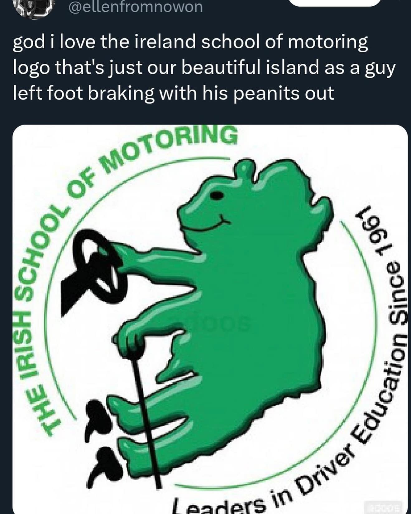 god i love the ireland school of motoring logo that's just our beautiful island as a guy left foot braking with his peanits out