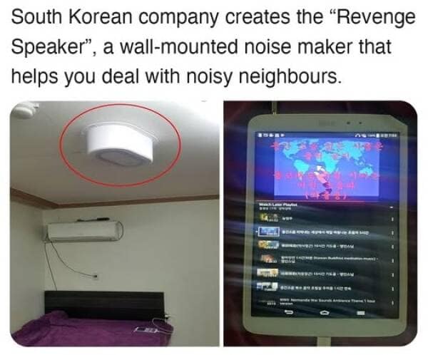 South Korean company creates the "Revenge Speaker", a wall-mounted noise maker that helps you deal with noisy neighbours.