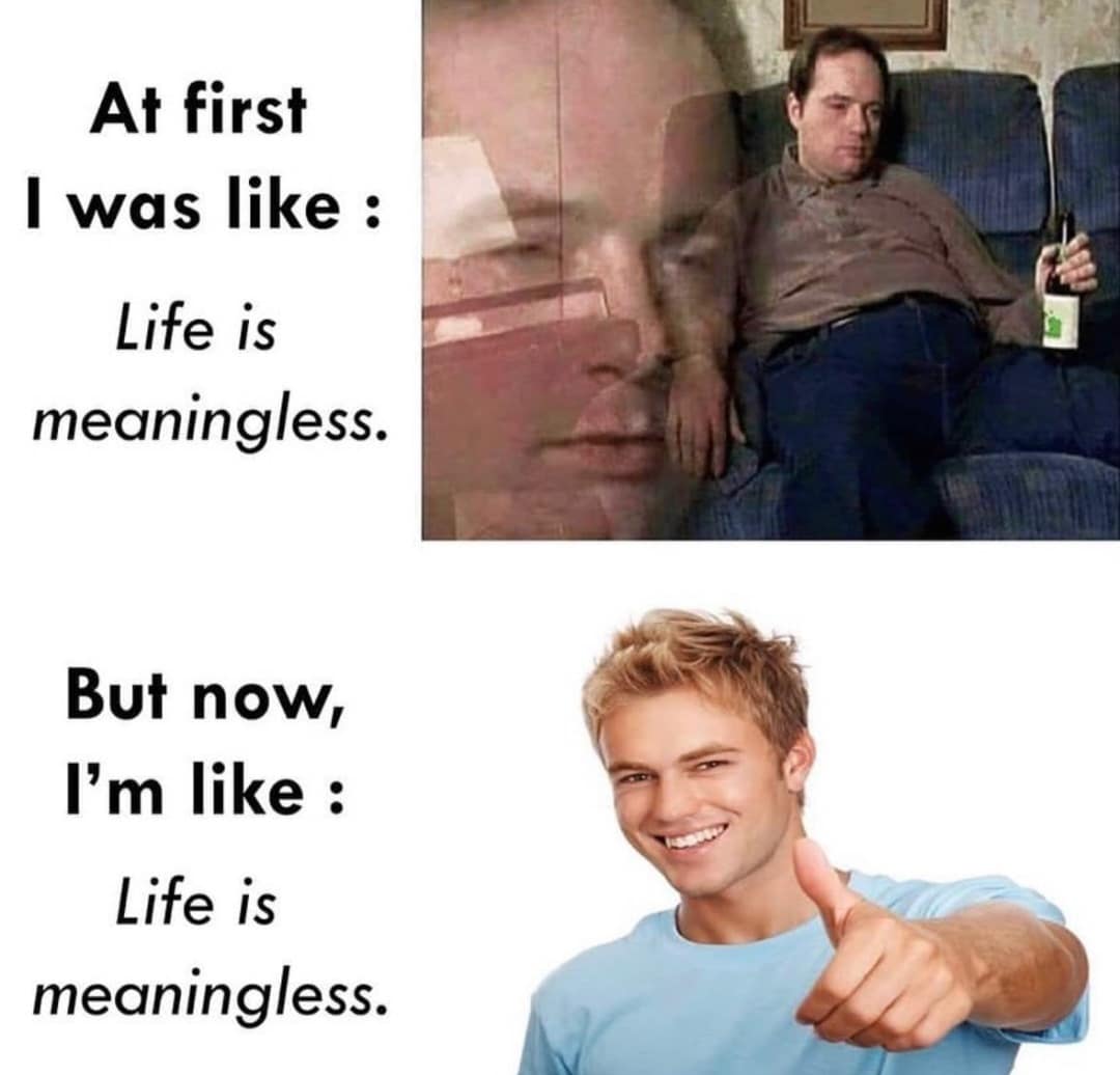 At first I was like : Life is meaningless. But now, I'm like : Life is meaningless.