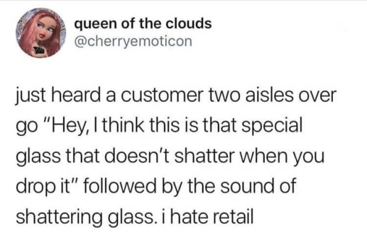 just heard a customer two aisles over go "Hey, I think this is that special glass that doesn't shatter when you drop it" followed by the sound of shattering glass. i hate retail