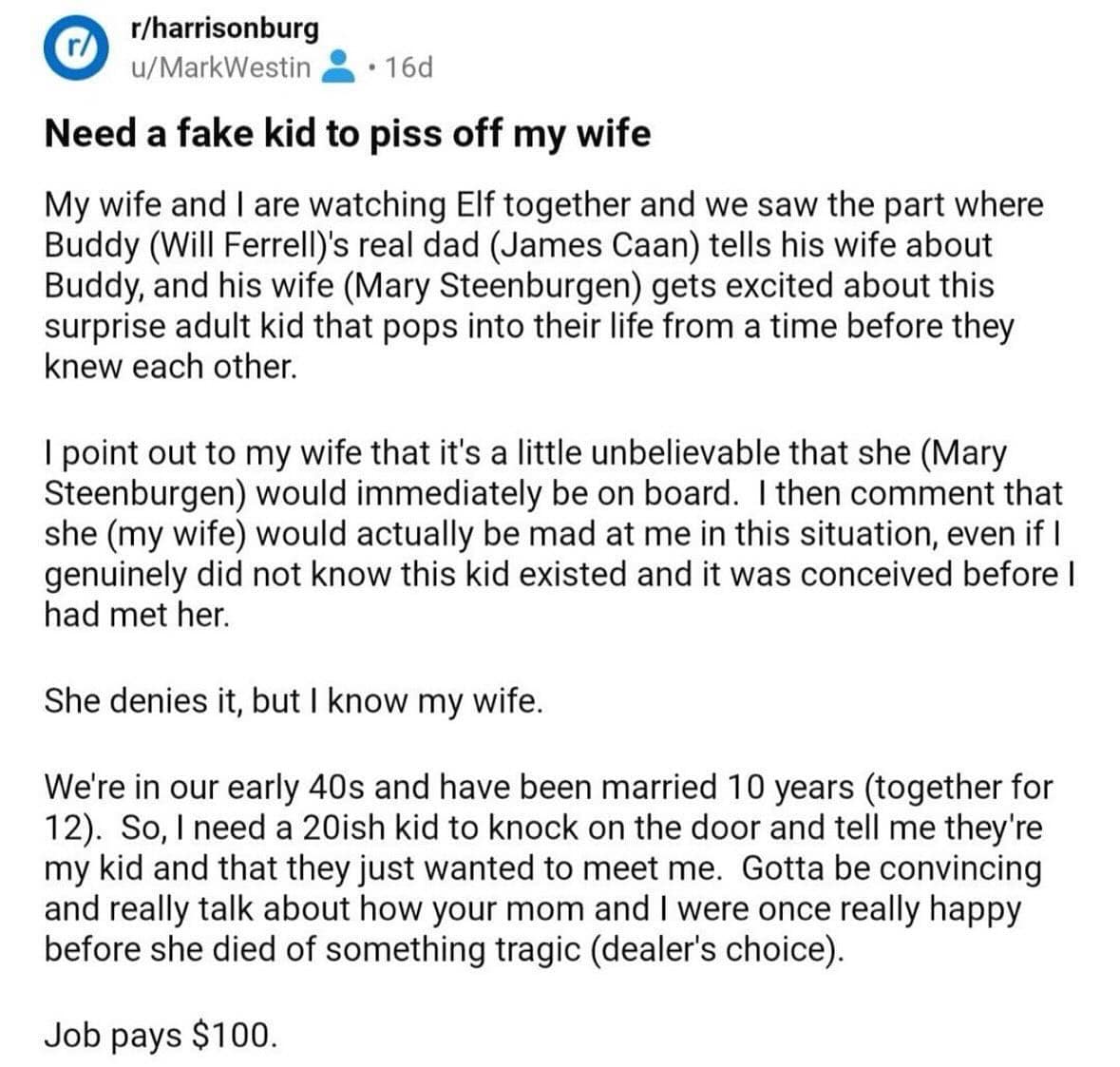 My wife and I are watching Elf together and we saw the part where Buddy (Will Ferrell)'s real dad (James Caan) tells his wife about Buddy, and his wife (Mary Steenburgen) gets excited about this surprise adult kid that pops into their life from a time before they knew each other.