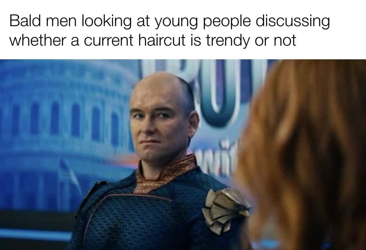Bald men looking at young people discussing whether a current haircut is trendy or