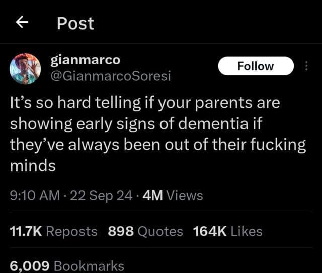 It's so hard telling if your parents are showing early signs of dementia if they've always been out of their minds