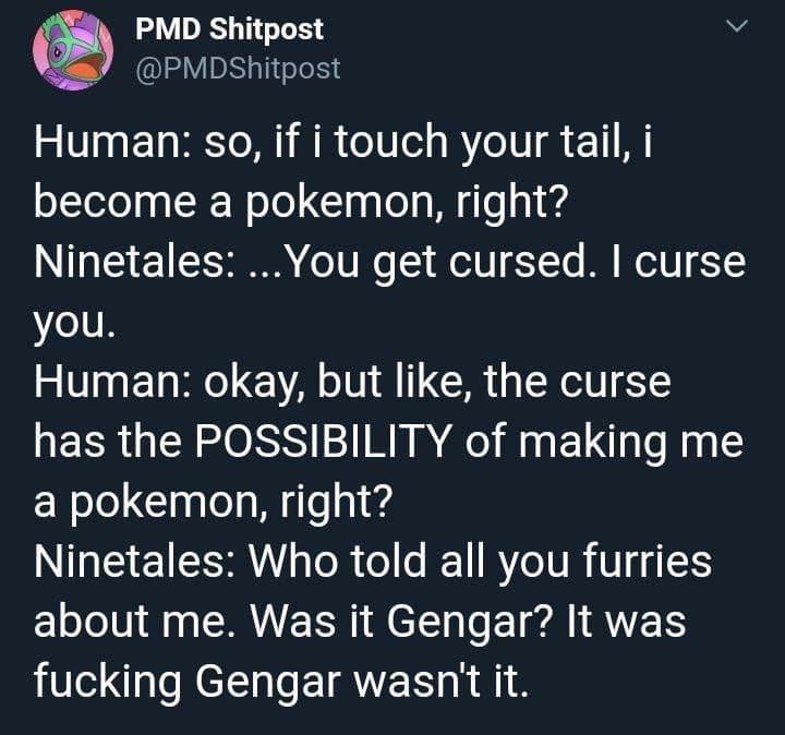 Human: so, if i touch your tail, i become a pokemon, right? Ninetales: ...You get cursed. I curse you. Human: okay, but like, the curse has the POSSIBILITY of making me a pokemon, right? Ninetales: Who told all you furries about me. Was it Gengar? It was fucking Gengar wasn't it.