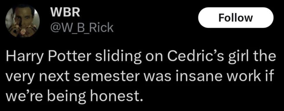 Harry Potter sliding on Cedric's girl the very next semester was insane work if we're being honest.