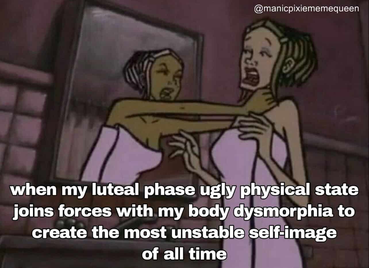 when my luteal phase ugly physical state joins forces with my body dysmorphia to create the most unstable self-image of all time
