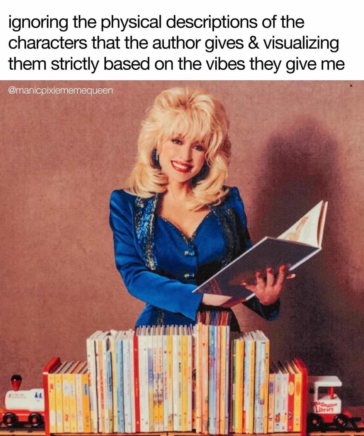 ignoring the physical descriptions of the characters that the author gives & visualizing them strictly based on the vibes they give me