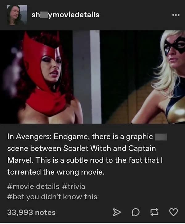 sh ymoviedetails ... In Avengers: Endgame, there is a graphic scene between Scarlet Witch and Captain Marvel. This is a subtle nod to the fact that I torrented the wrong movie. #movie details #trivia #bet you didn't know this 33,993 notes
