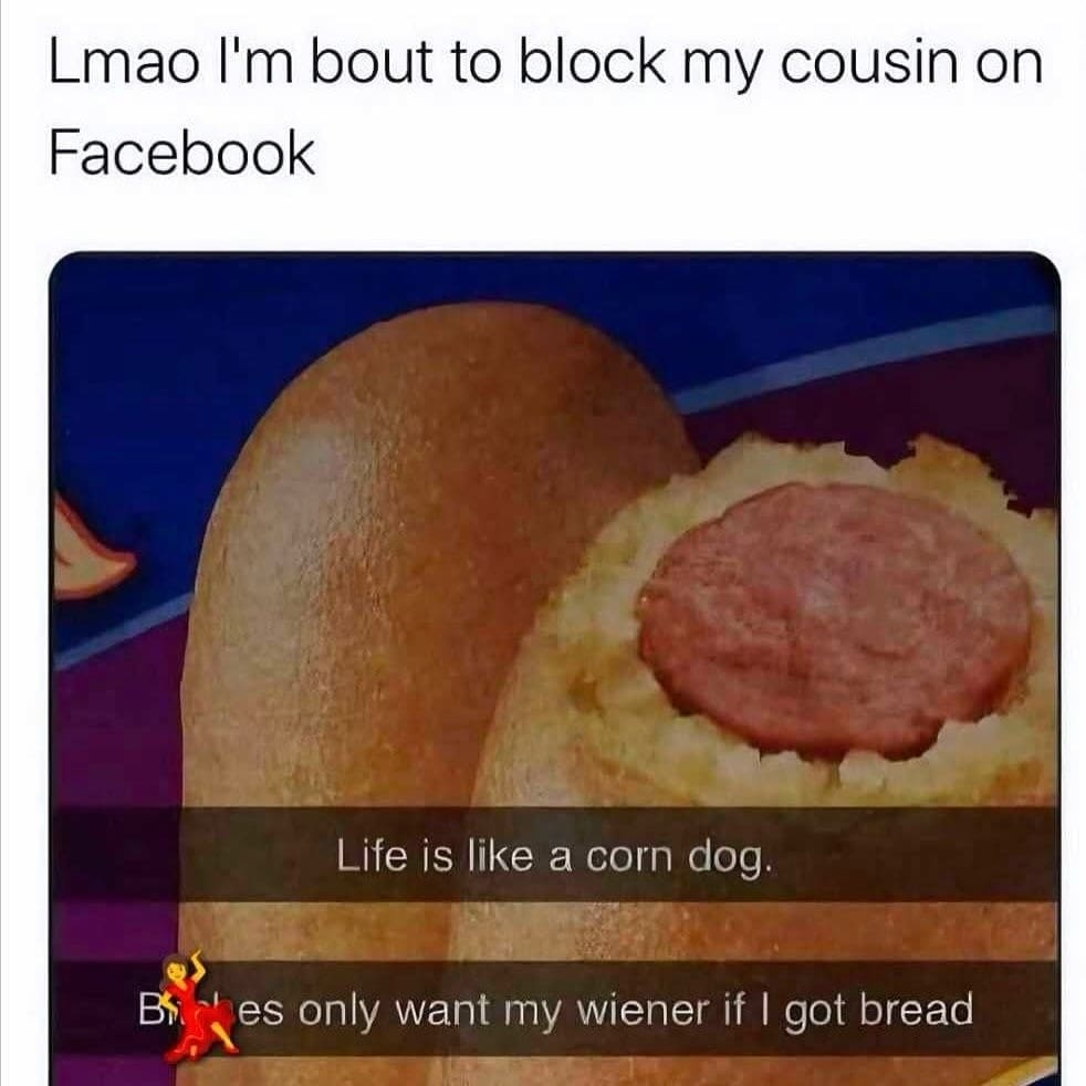 Lmao I'm bout to block my cousin on Facebook Life is like a corn dog. es only want my wiener if I got bread