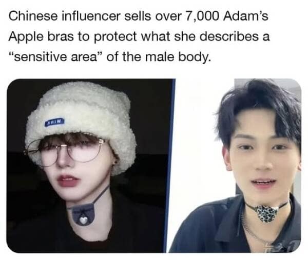 Chinese influencer sells over 7,000 Adam's Apple bras to protect what she describes a "sensitive area" of the male body.