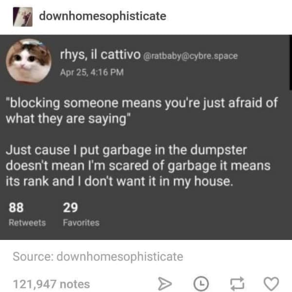 downhomesophisticate rhys, il cattivo @ratbaby@cybre. space Apr 25, 4:16 PM "blocking someone means you're just afraid of what they are saying" Just cause I put garbage in the dumpster doesn't mean I'm scared of garbage it means its rank and I don't want it in my house. 88 29 Retweets Favorites Source: downhomesophisticate 121,947 notes