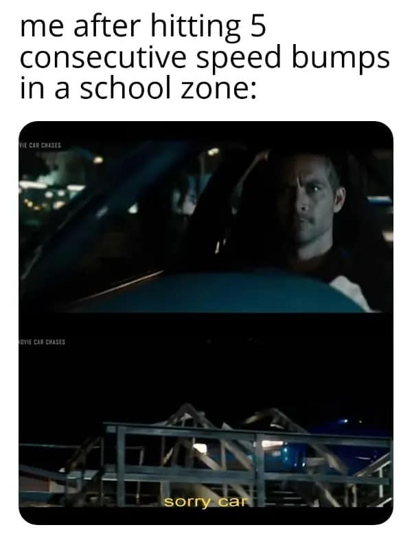 me after hitting 5 consecutive speed bumps in a school zone: TE CAR CHASES JOYIE CAR CHASES - sorry car