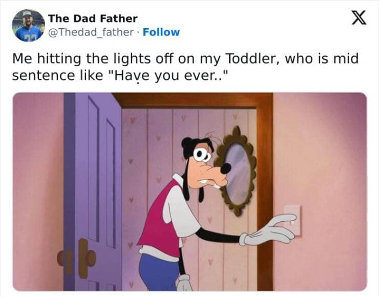 Me hitting the lights off on my Toddler, who is mid sentence like "Have you ever.."