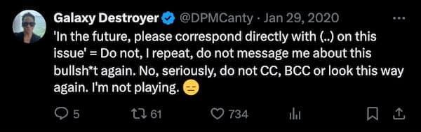 'In the future, please correspond directly with (.) on this issue' = Do not, I repeat, do not message me about this bullsh*t again. No, seriously, do not CC, BCC or look this way again. I'm not playing.