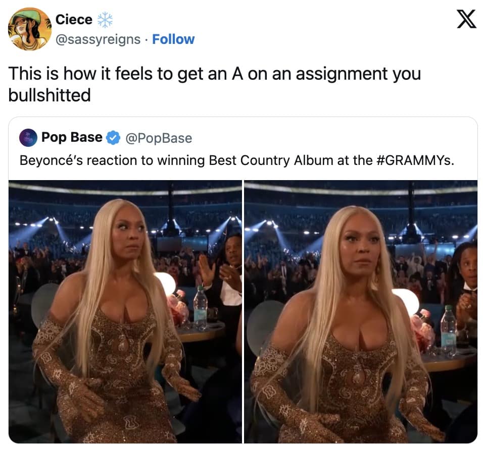 beyonce shocked grammys reaction memes, queen’s reaction jokes, awards show comedic bits, stunned winner spoofs, beyonce memes, Beyonce album, disc references, charting comedic angles, major release humor, Country Grammys, unexpected category triumph, cross-genre comedic jabs, trophy meltdown jokes, music award comedic commentary