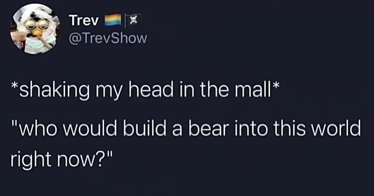 *shaking my head in the mall* "who would build a bear into this world right now?"