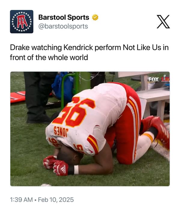 kendrick halftime show memes, Super Bowl LIX halftime show, 2025 Super Bowl performance, Kendrick Lamar Super Bowl set, Super Bowl halftime highlights, Kendrick Lamar memes, Kendrick Super Bowl memes, Kendrick Lamar reaction memes, viral Kendrick memes, Drake diss track memes, Not Like Us memes, Kendrick vs. Drake memes, rap beef memes, kendrick memes