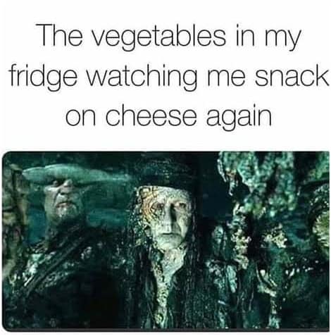 The vegetables in my fridge watching me snack on cheese again