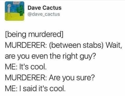 Dave Cactus @dave_cactus [being murdered] MURDERER: (between stabs) Wait, are you even the right guy? ME: It's cool. MURDERER: Are you sure? ME: I said it's cool.