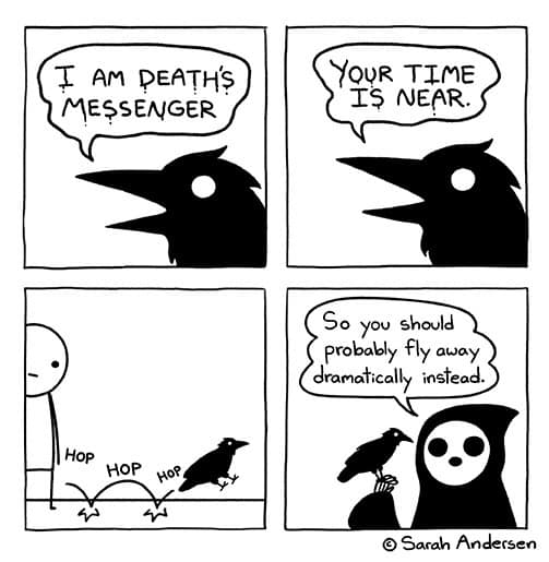 I AM DEATHS MESSENGER Hop HOP ноР YOUR TIME IS NEAR. So you should probably fly away dramatically instead. © Sarah Andersen