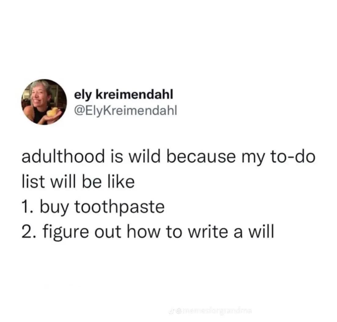 ely kreimendahl @ElyKreimendahl adulthood is wild because my to-do list will be like 1. buy toothpaste 2. figure out how to write a will