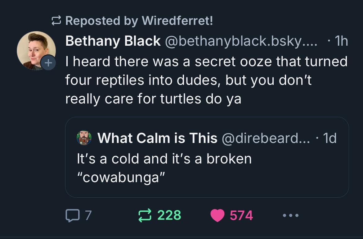 十 3 Reposted by Wiredferret! Bethany Black @bethanyblack.bsky.... • 1h I heard there was a secret ooze that turned four reptiles into dudes, but you don't really care for turtles do ya What Calm is This @direbeard... • 1d It's a cold and it's a broken "cowabunga" 7 228 • 574